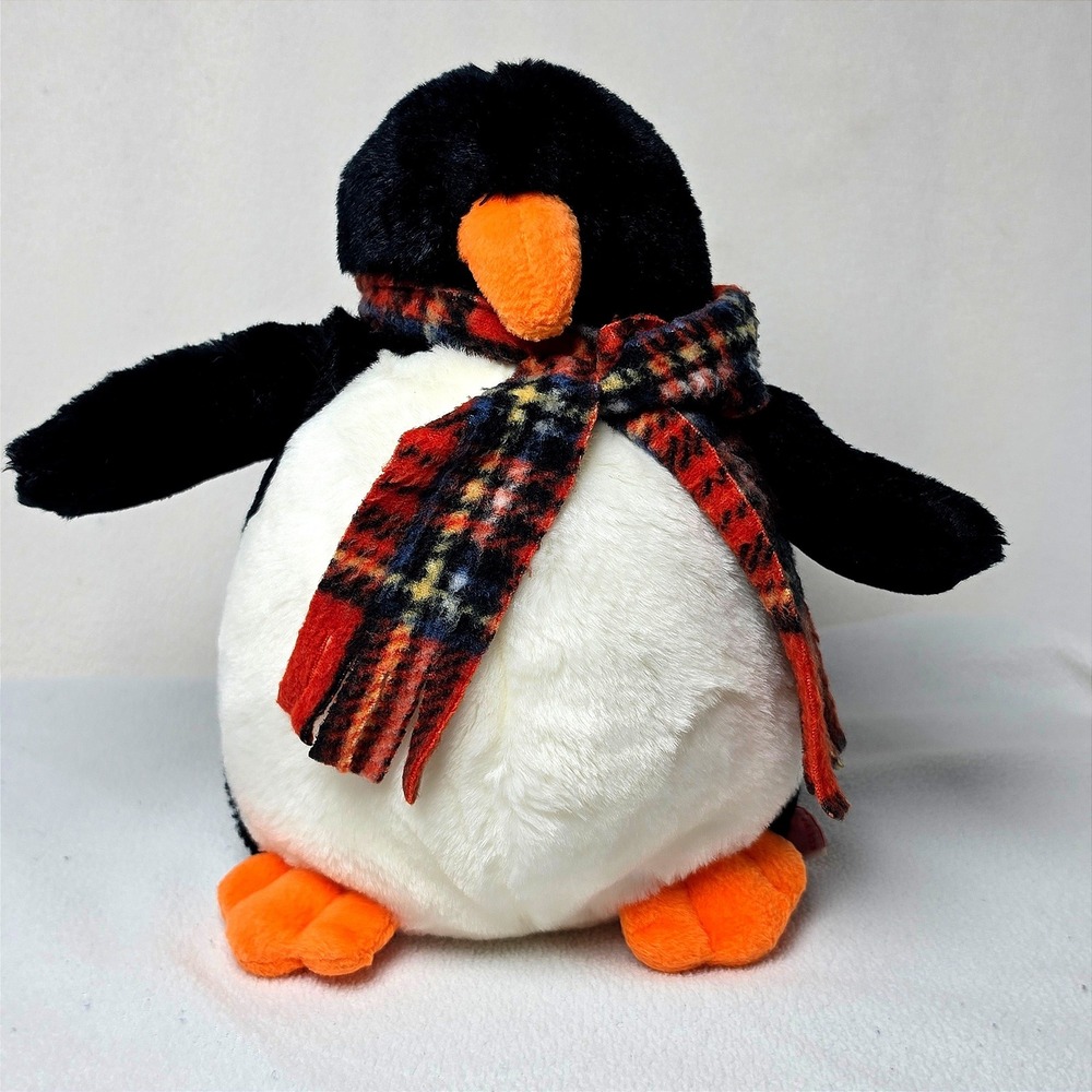 Russ Berrie Chatters Penguin Plush Black White Orange Plaid Scarf Bean Bag Toy